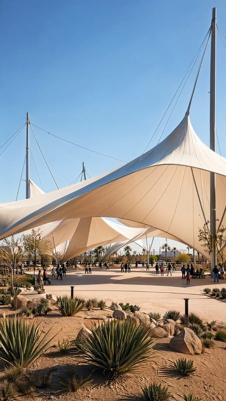 Tensile fabric canopies in a Qatar public plaza — soft-wash drone cleaning by SKYNA