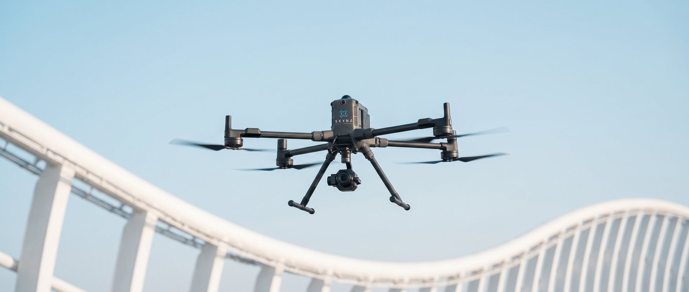 SKYNA-branded autonomous drone in flight — engineered for Qatar's industries