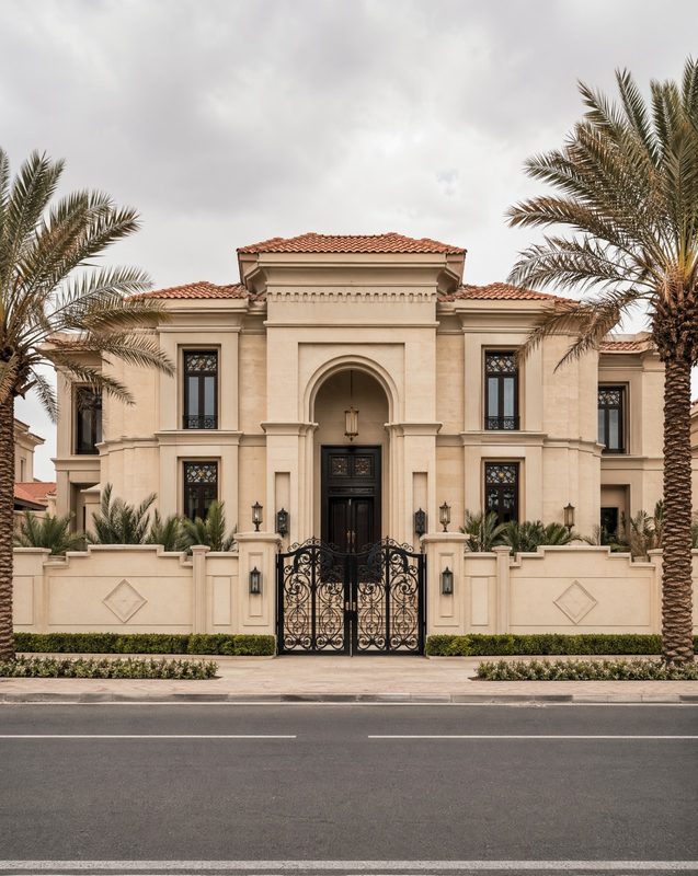Luxury Qatari villa with palm-lined frontage — exterior cleaning by SKYNA
