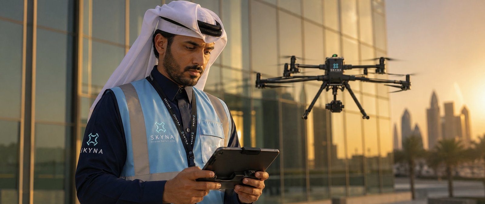 Qatari SKYNA drone pilot operating an autonomous quadcopter against the Doha skyline at golden hour