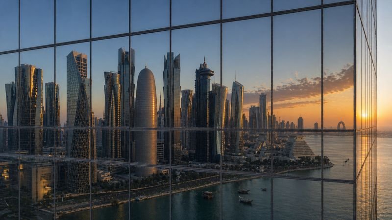 Clean window with crystal-clear reflection of the Doha skyline at sunset — after SKYNA cleaning